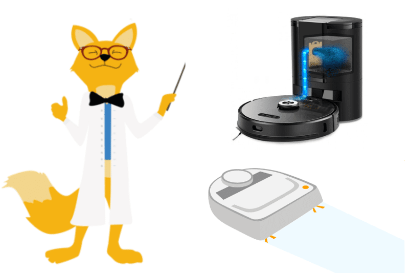 Der Smart Home Fox Fuchs zeigt mit einem Zeigestock auf einen Saugroboter mit einer Absaugstation und Wischfunktion